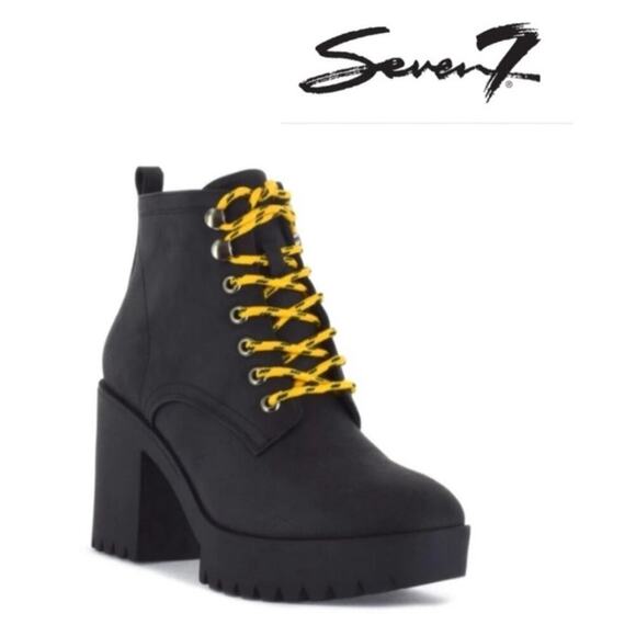 NWB - Seven7 Flatiron Platform Combat Boots Black w/ Yellow Laces, Women's 9 - Picture 2 of 11